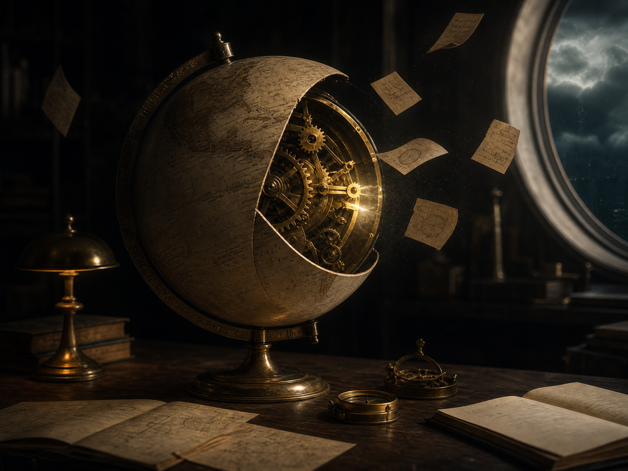 A globe opening to reveal a hidden mechanism