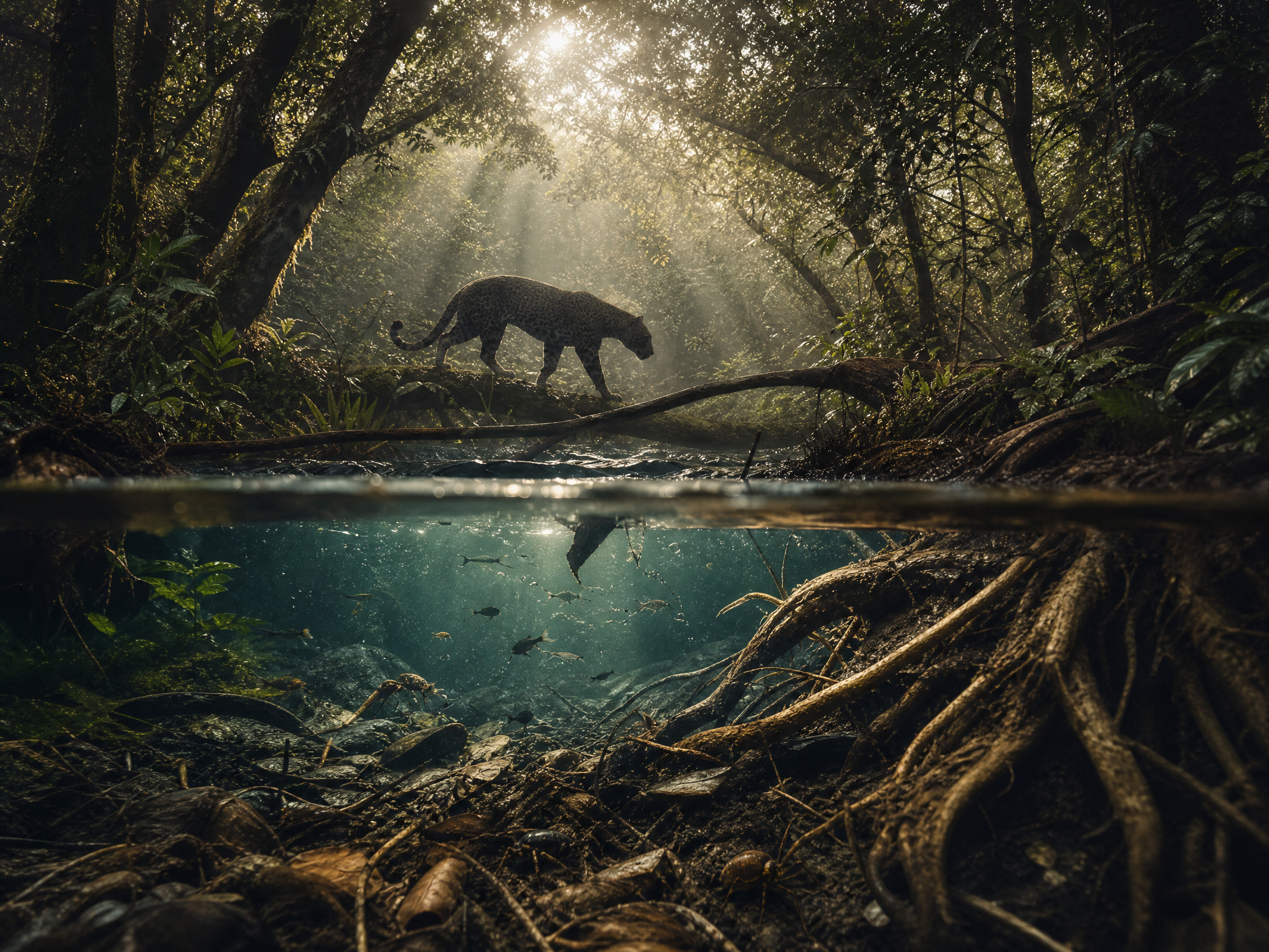 A wild animal moving through a forest ecosystem