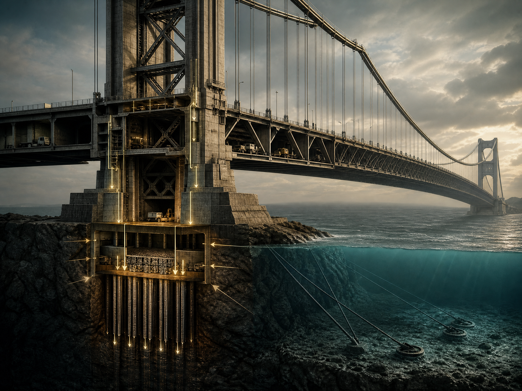 A bridge shown with engineering structure and load paths