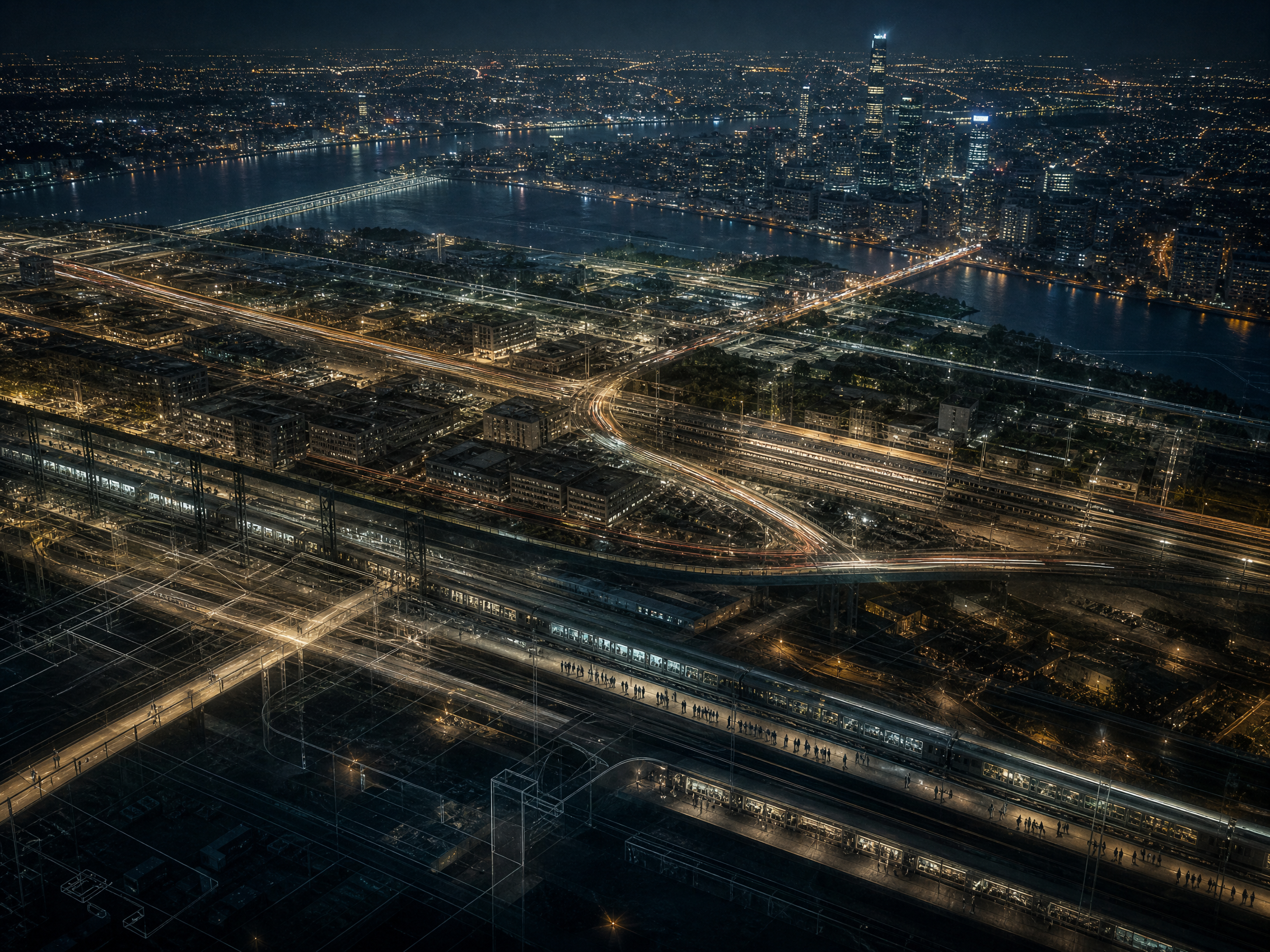 A city at night with illuminated transit lines