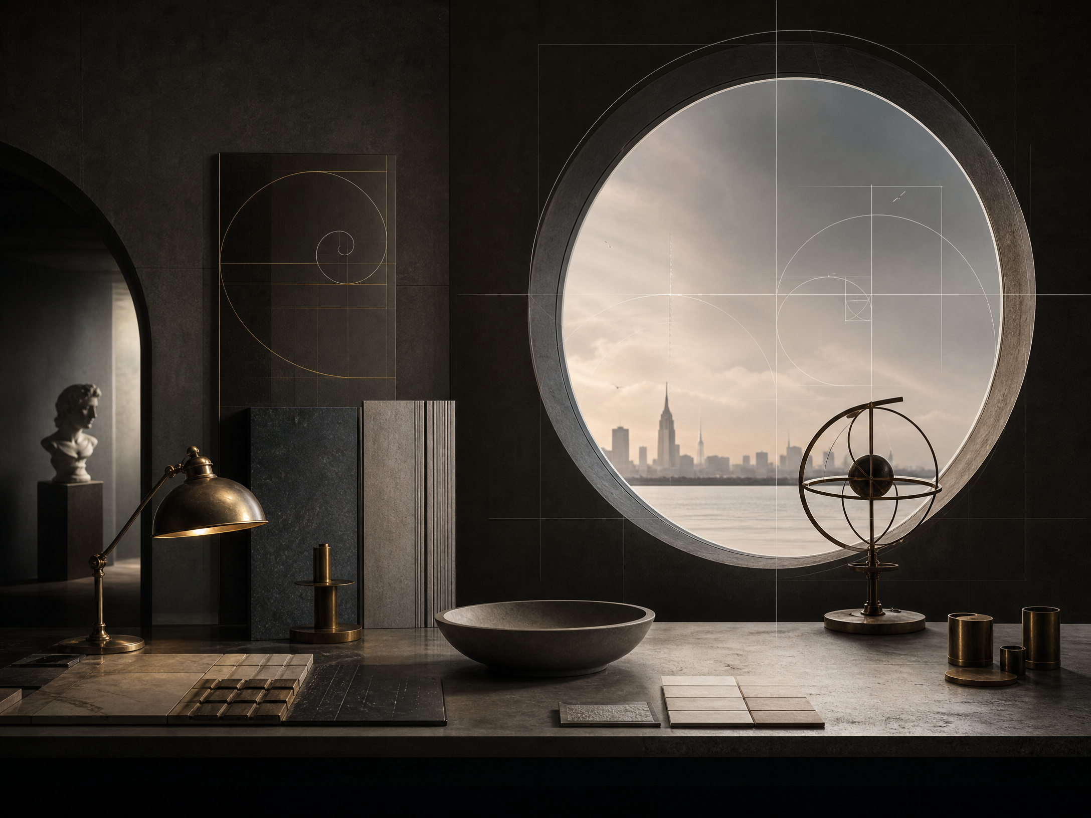A quiet interior with proportion lines and designed objects